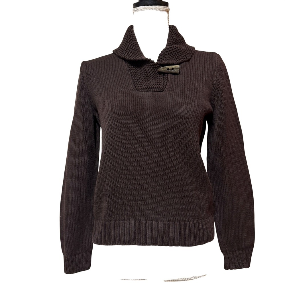 Lauren Ralph Lauren Brown Cotton Toggle Shawl Collar Knit Sweater Size M
